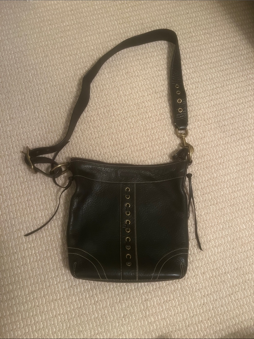 Coach Black Leather Pebbled Crossbody Satchel with Brass Eyelet Detail